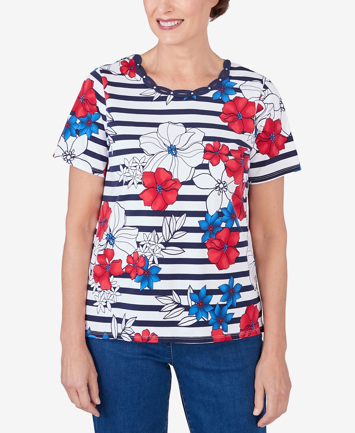 Alfred Dunner Plus Size Floral Stripe Braided Neck Tee In Multi