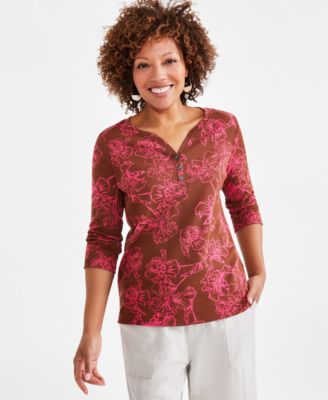 Style & Co - Women's Tina Texture Cotton 3/4-Sleeve Henley Tee