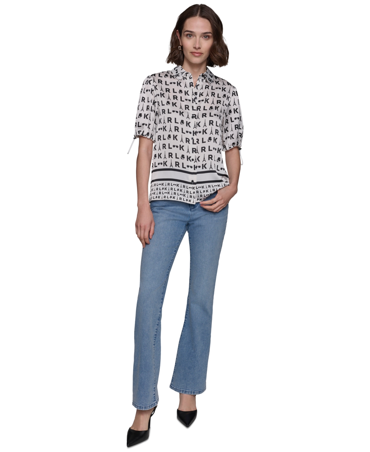 Karl Lagerfeld Paris Women's Printed Bungee-Sleeve Button-Down Top - Soft White  Black