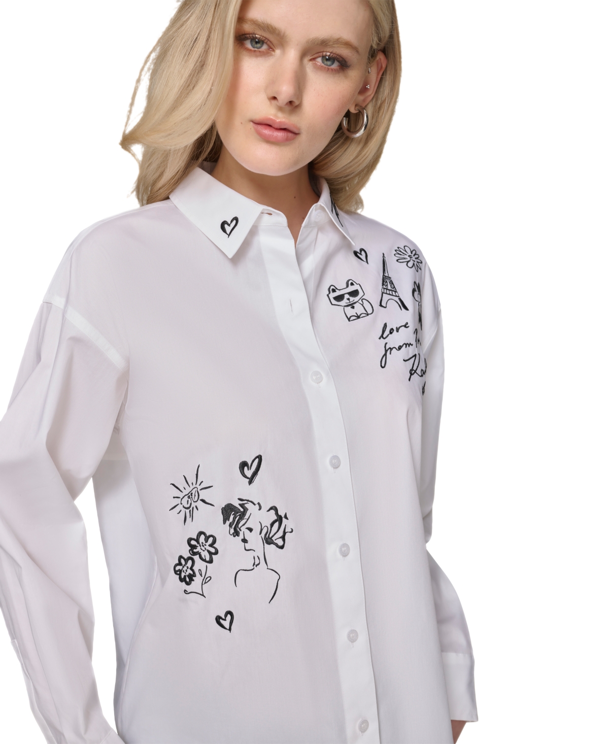 Karl Lagerfeld Paris Women's Cotton Oversized Whimsy Shirt - White  Black