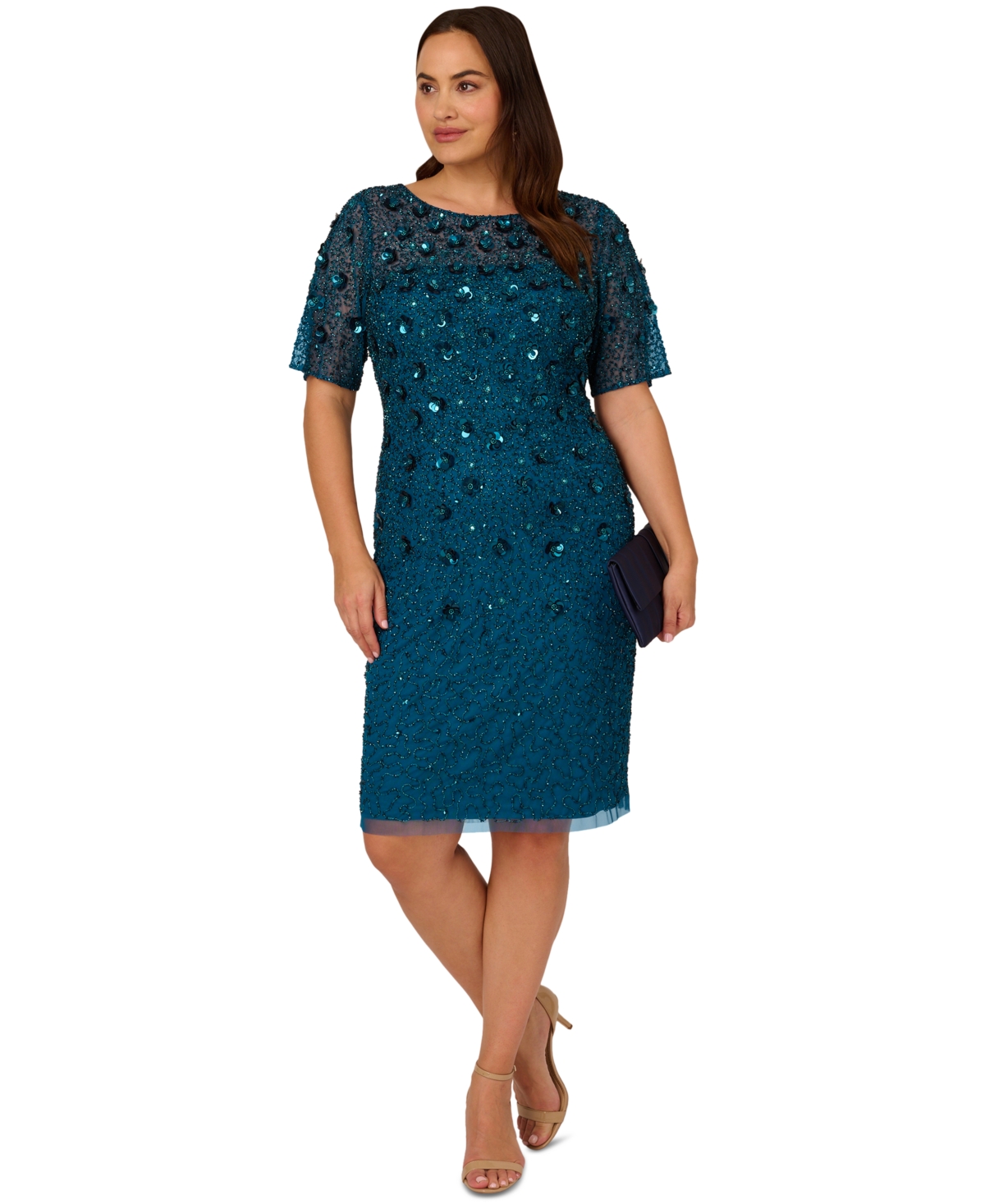 Plus Size Embellished Sheath Dress - Teal Saphire