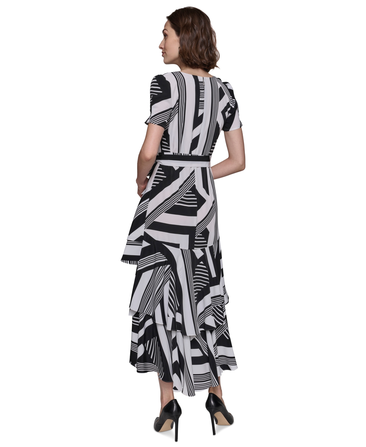 Karl Lagerfeld Paris Women's Printed Tie-Waist Tiered V-Neck Dress