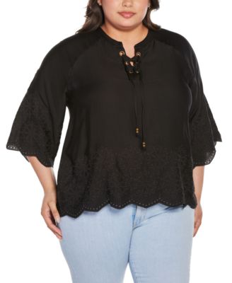 Black Label Plus Size Raglan 3/4-Sleeve Embroidered Top