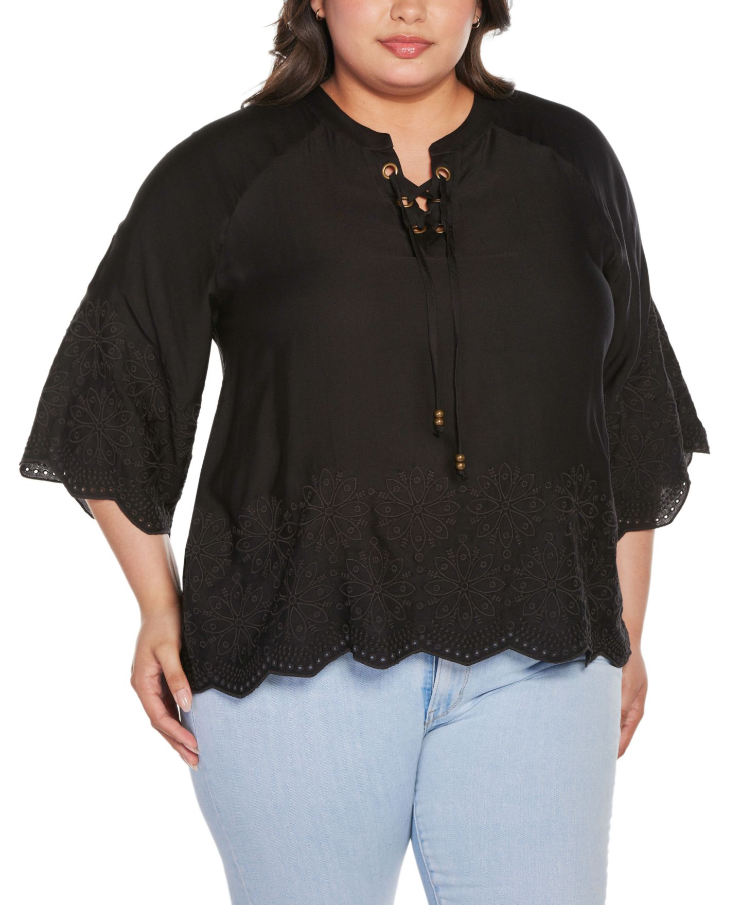 Женский топ Belldini Black Label Plus Size Raglan 3/4-Sleeve Embroidered, цвет: Чёрный — фото 3