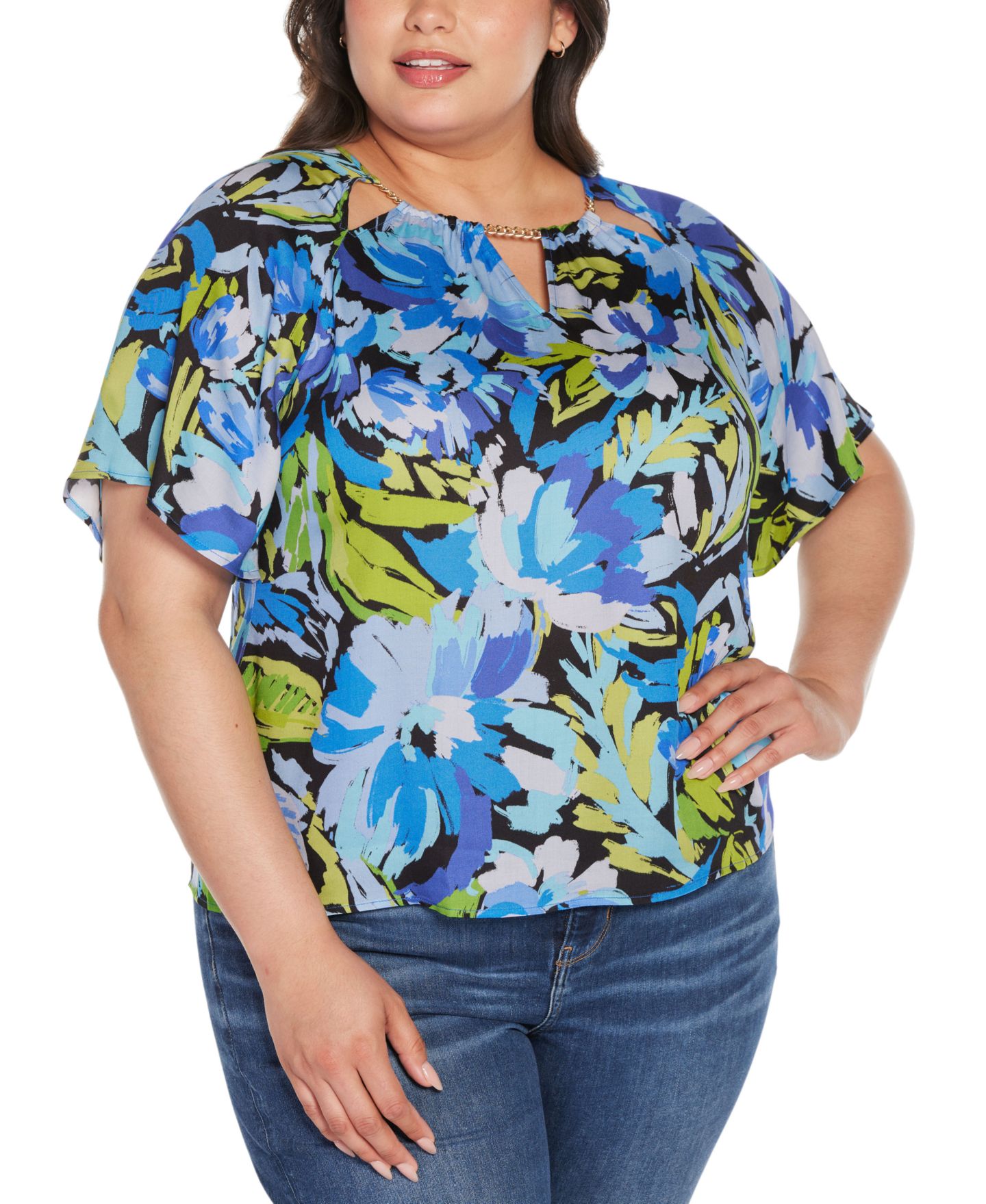 Женский топ Belldini Black Label Plus Size Abstract Floral Cutout Detail, цвет: Синий комбинированный — фото 3