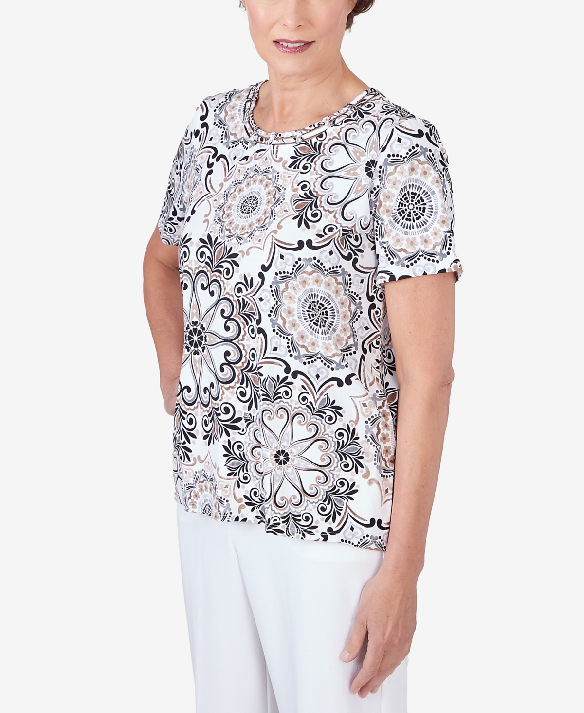 Alfred Dunner Petite Geo Medallion Short Sleeve Crew Neck Tee -Tan