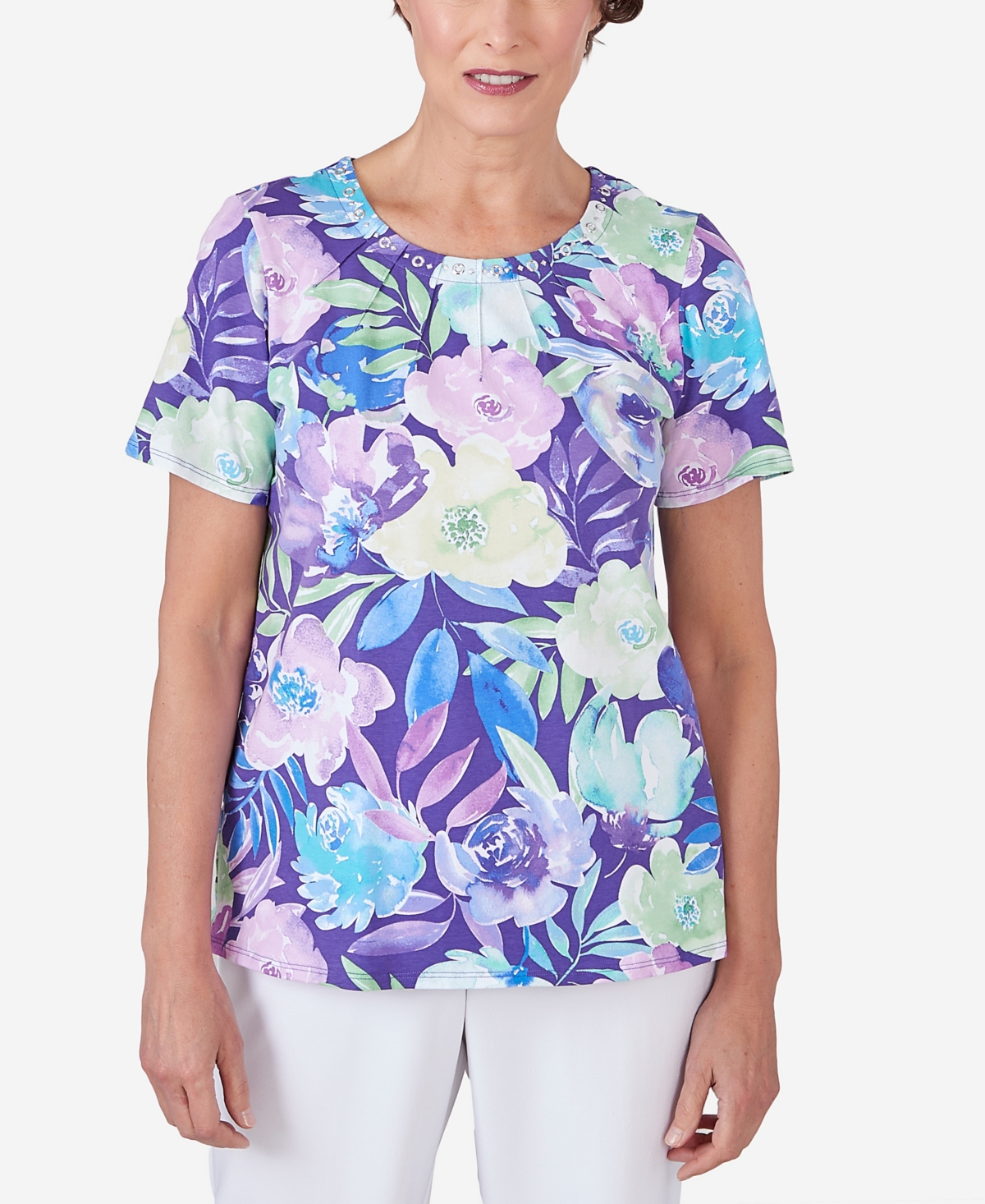 Petite Pleated Neck Floral Short Sleeve Tee - Bright