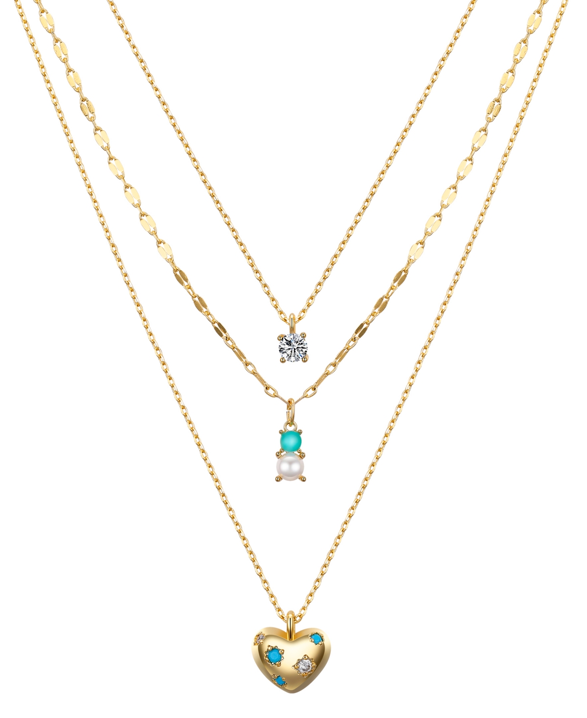 Natural Pearl Cubic Zirconia Puff Heart Layered Necklace Set - Gold