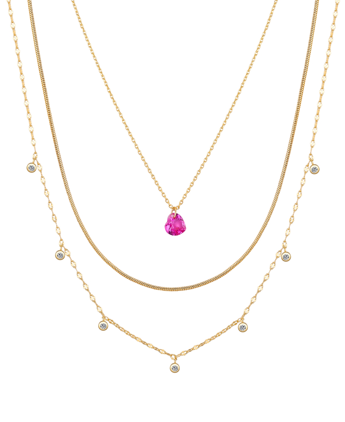 Cubic Zirconia Bezel Ruby Heart Layered Necklace Set - Gold
