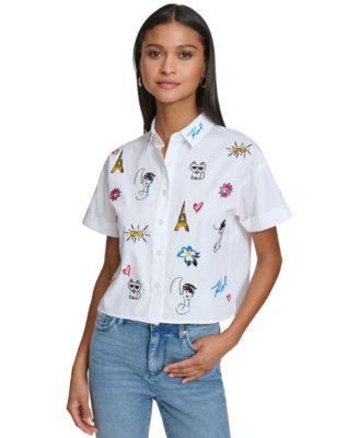 KARL LAGERFELD PARIS Women's Embroidered Motif Button-Front