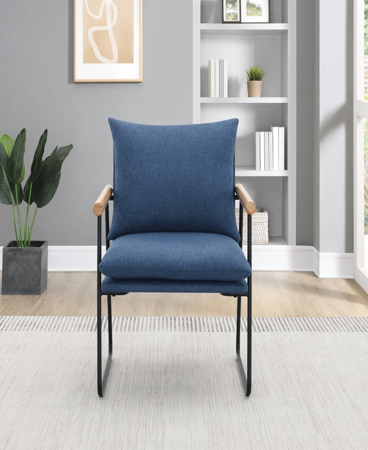 Osp Home Furnishings Office Star Dutton Armchair In Navy Fabric With Natural Arms And Black Sled Base In Navy