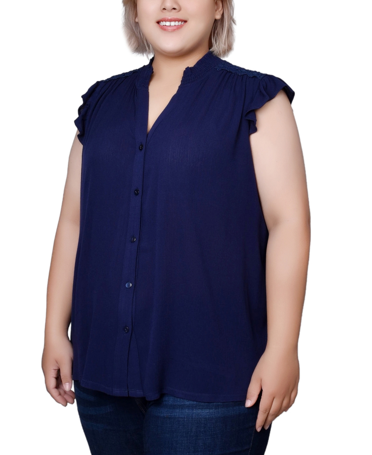 NY COLLECTION PLUS SIZE SHORT FLUTTER SLEEVE CREPON BLOUSE 