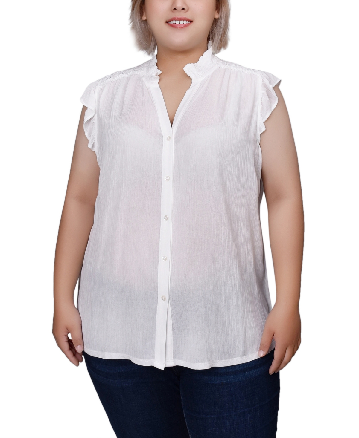 NY COLLECTION PLUS SIZE SHORT FLUTTER SLEEVE CREPON BLOUSE 