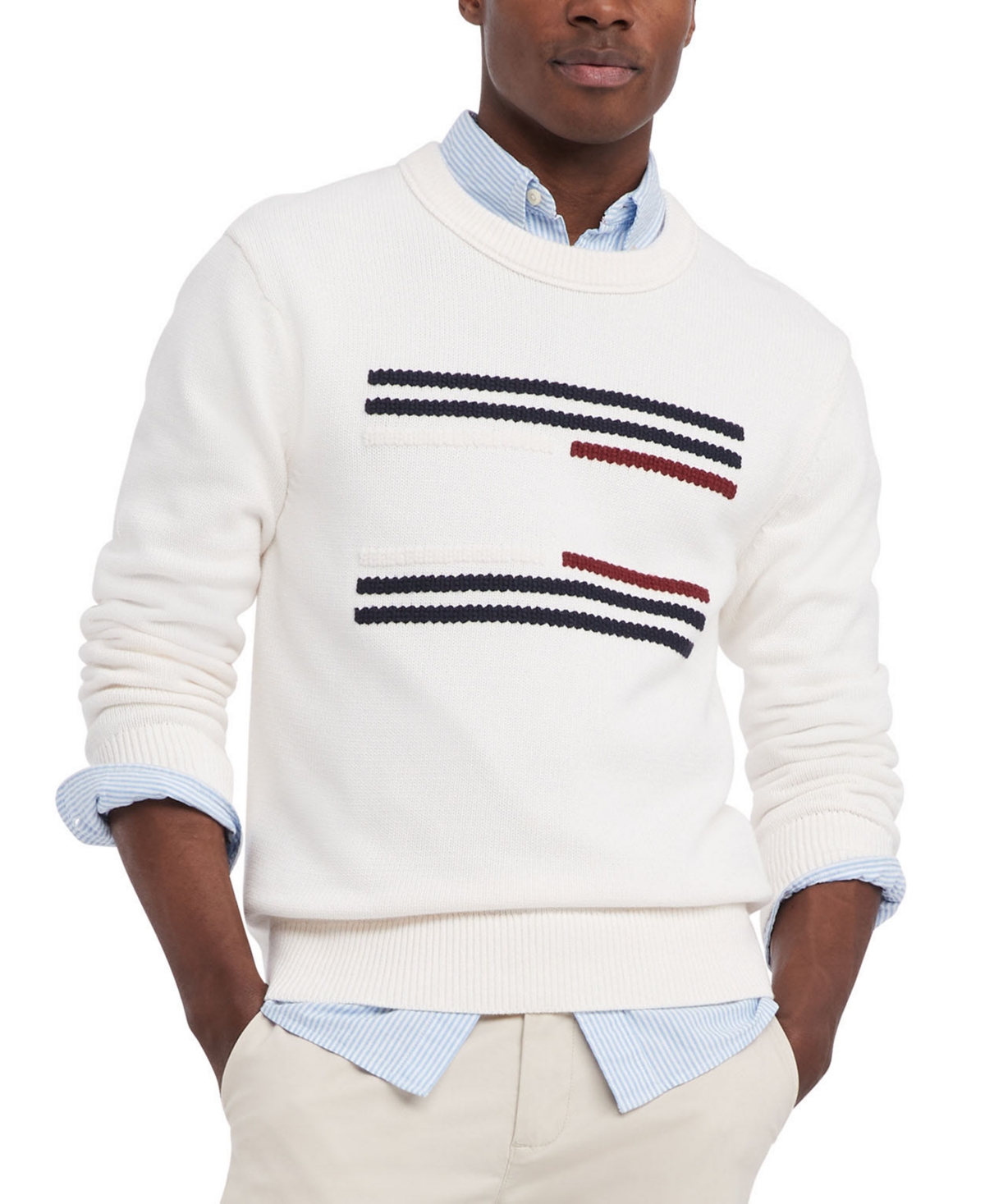 Tommy Hilfiger Men's Relaxed-fit Cable Knit Flag Sweater In Ancient White