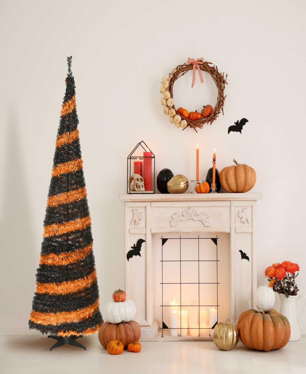 National Tree Company 7.5' Artificial Halloween Tree, Black and Tinsel, Includes Stand, Halloween Collection - Orange