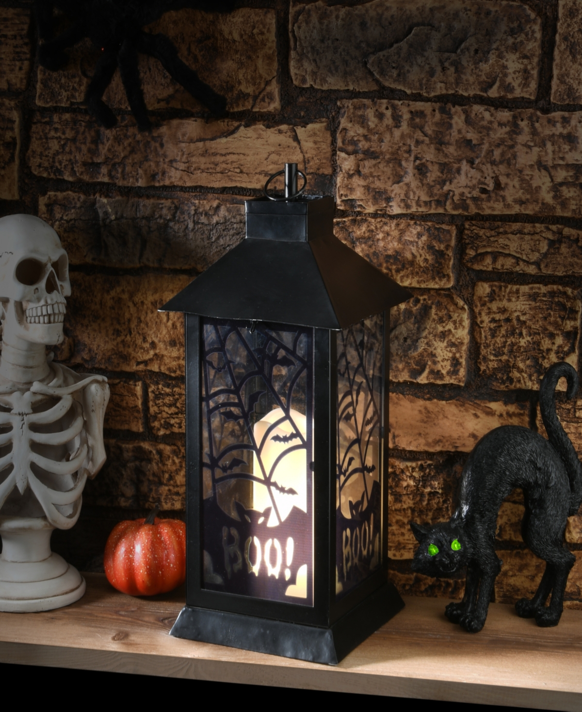 National Tree Company Halloween Lantern with Led Lights, Carved Images of Bats and Cobwebs, Halloween Collection