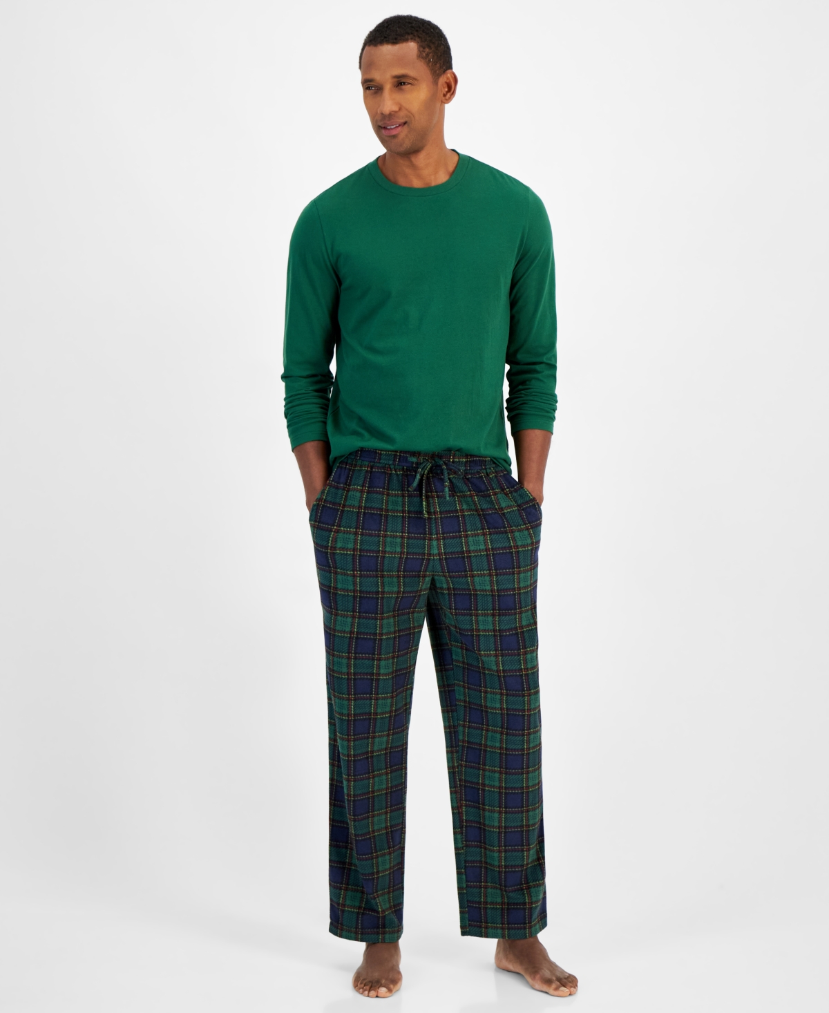Club Room Men's Fleece Long-Sleeve T-Shirt & Plaid Pajama Pant Set, Created for Macy's -Blue
