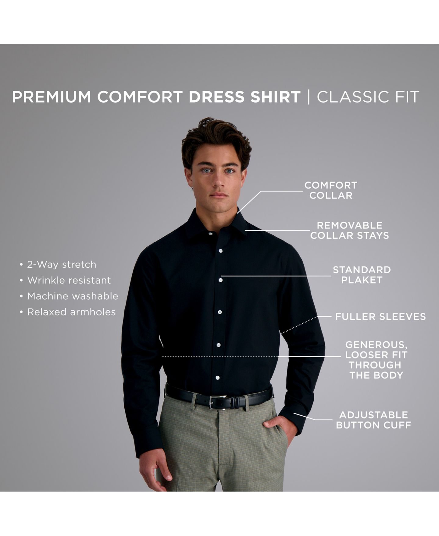 Мужская рубашка Haggar Big & Tall Classic-Fit Premium Comfort Dress Shirt, цвет: Чёрный однотонный — фото 11