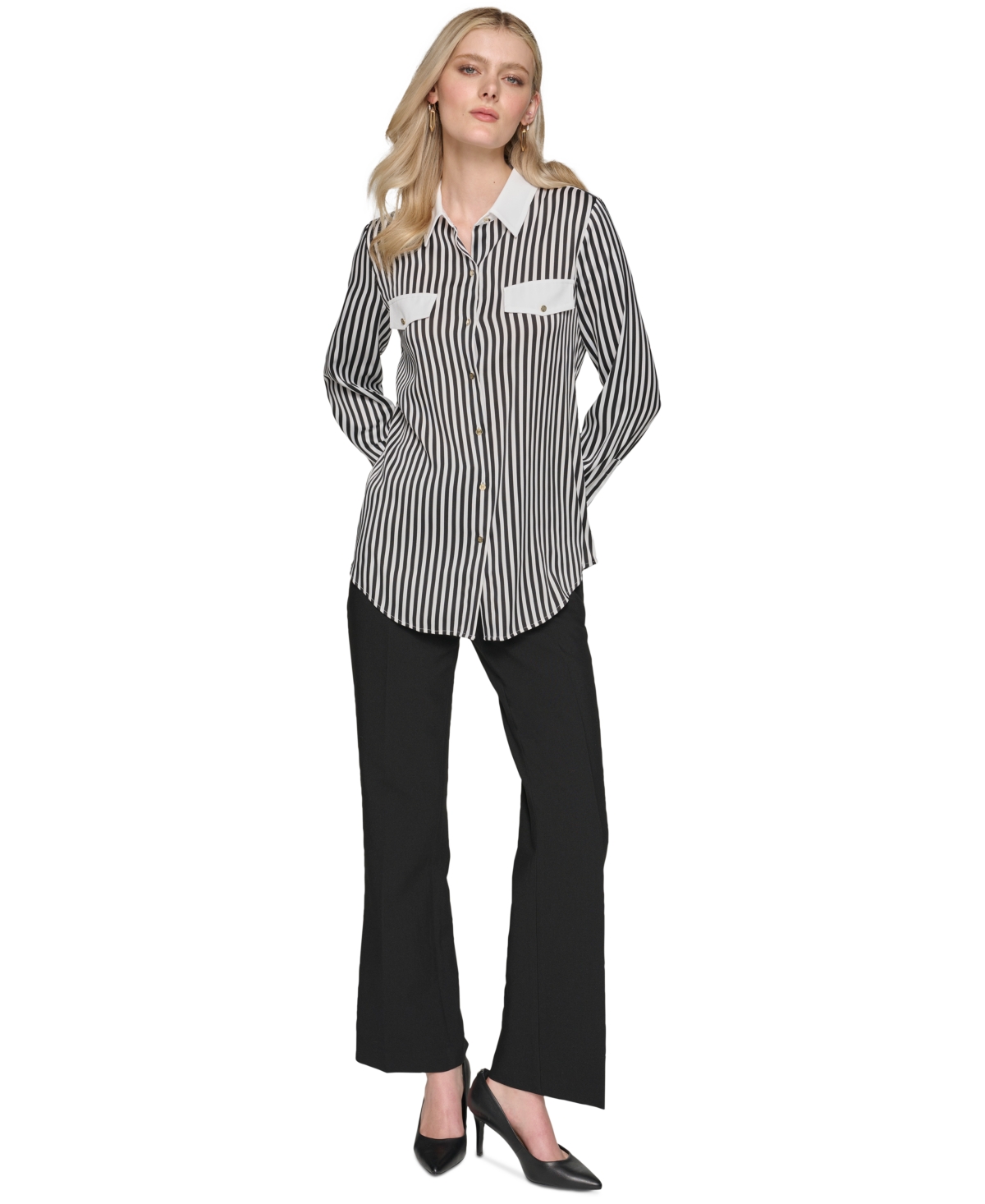 Karl Lagerfeld Women's Striped Long-Sleeve Blouse -sft Wt