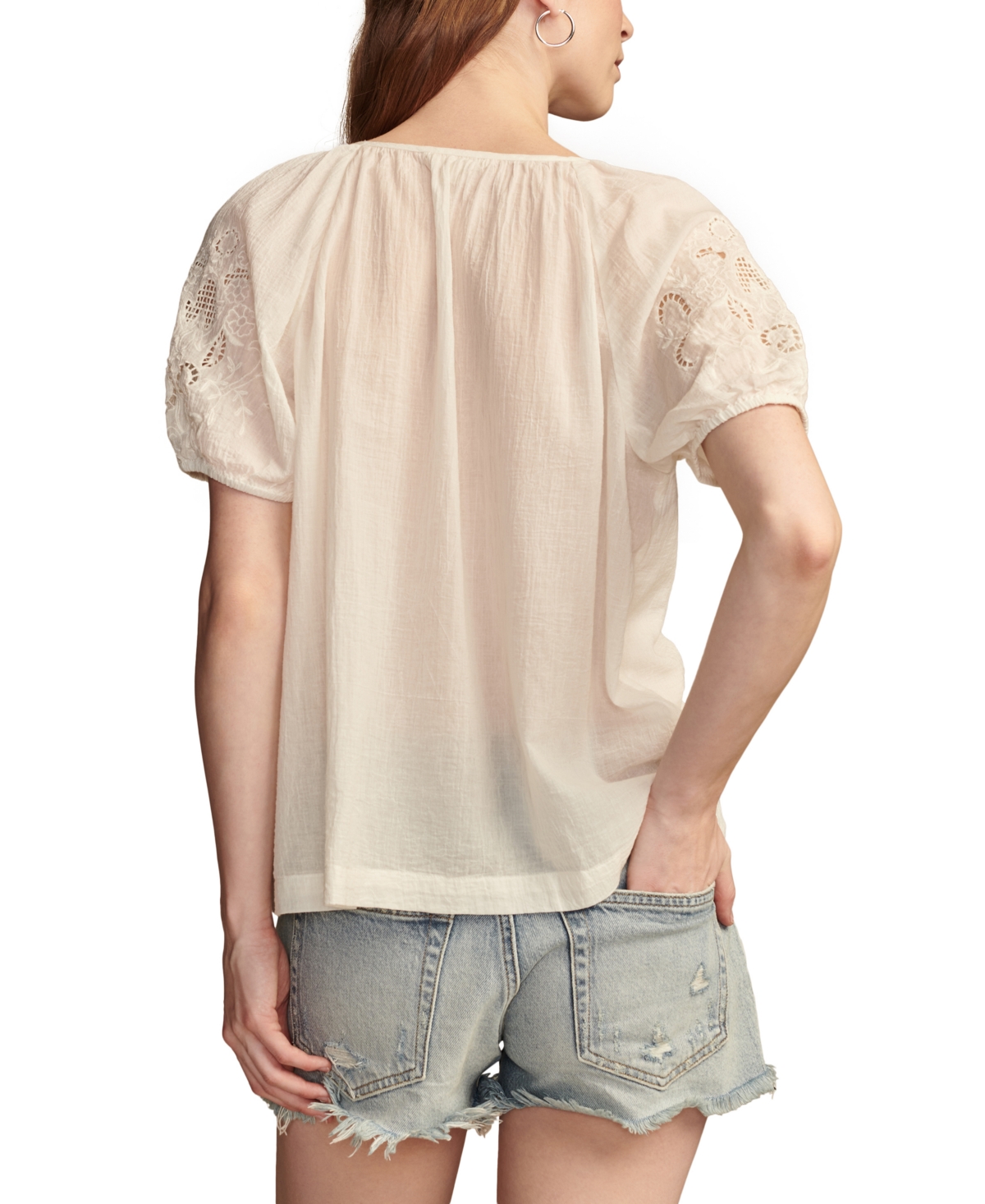 Lucky Brand Women's Short-Sleeve Cutwork Cotton Peasant Top