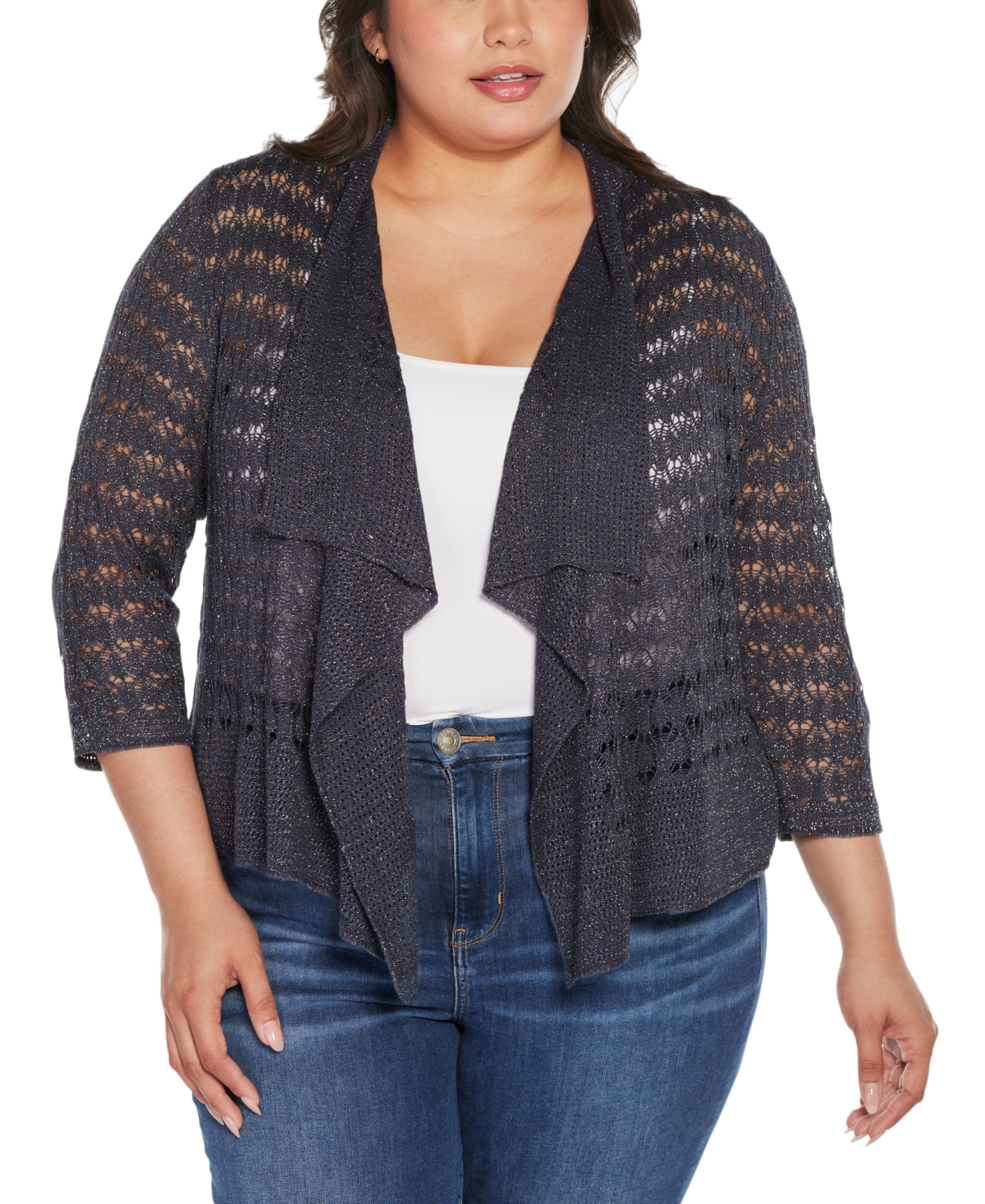 BELLDINI PLUS SIZE POINTELLE STICH FLOWY OPEN CARDIGAN SWEATER 