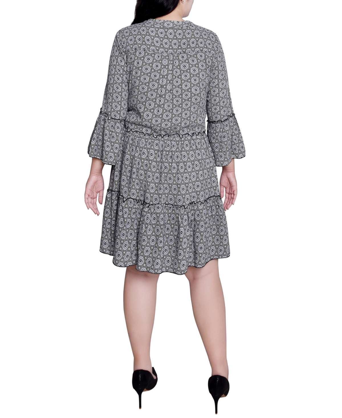 Ny Collection Plus Size 3/4 Sleeve Tiered Dress In Black White Geo