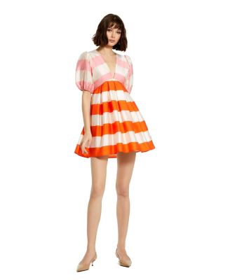 【Mac Duggal】オーガンザストライプバルーンスリーブミニドレス Mac Duggal Women's Organza Striped Balloon Sleeve Mini Dress