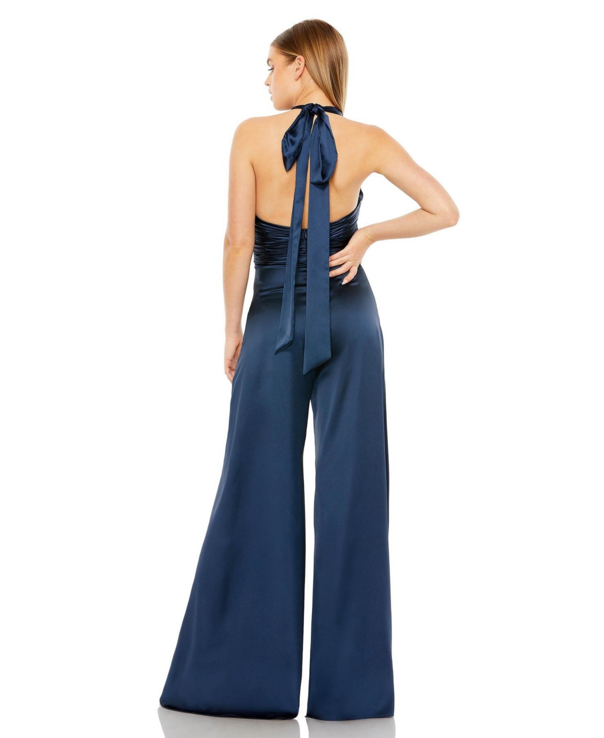 Mac Duggal Women's Ruched Halter Top Wide Leg Satin Jumpsuit