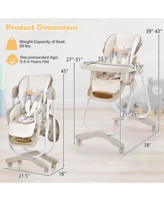 Toddler High Chair with Wheel Folding Dining Chair Adjustable Height & Recline
