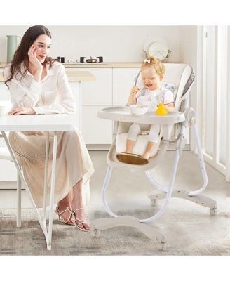 Toddler High Chair with Wheel Folding Dining Chair Adjustable Height & Recline