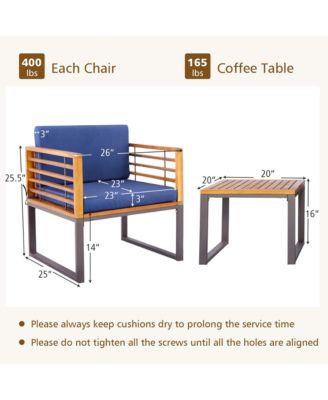 3PCS Acacia Wood Patio Bistro Set Outdoor Conversation Furniture Set w/ Navy Cushions
