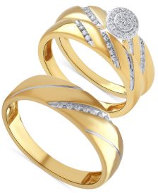Beautiful Beginnings Diamond Halo Engagement Ring Set for Her and Band for Him in 14k Gold