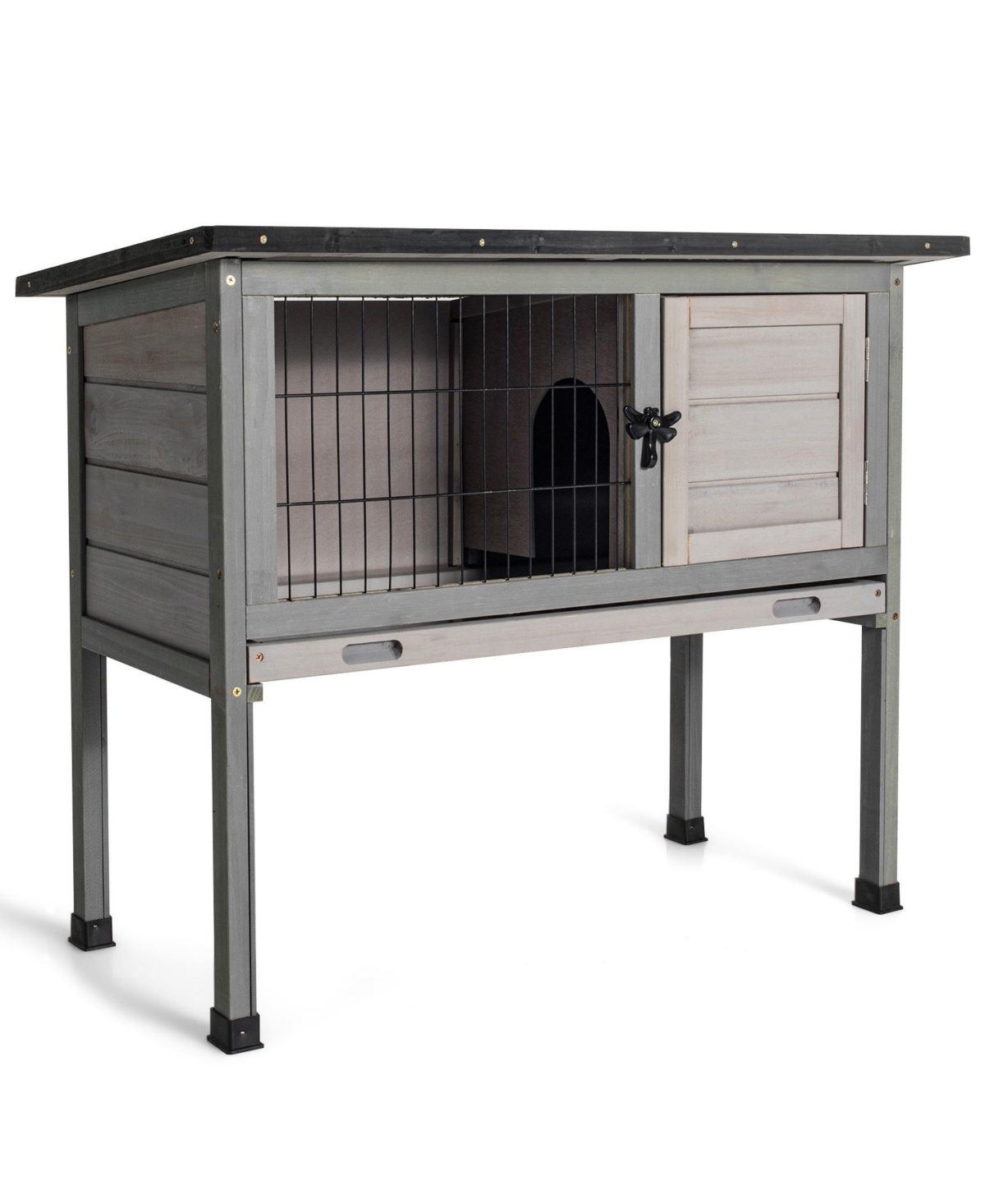 Small Elevated Rabbit Hutch with Hinged Asphalt Roof and Removable Tray - Grey