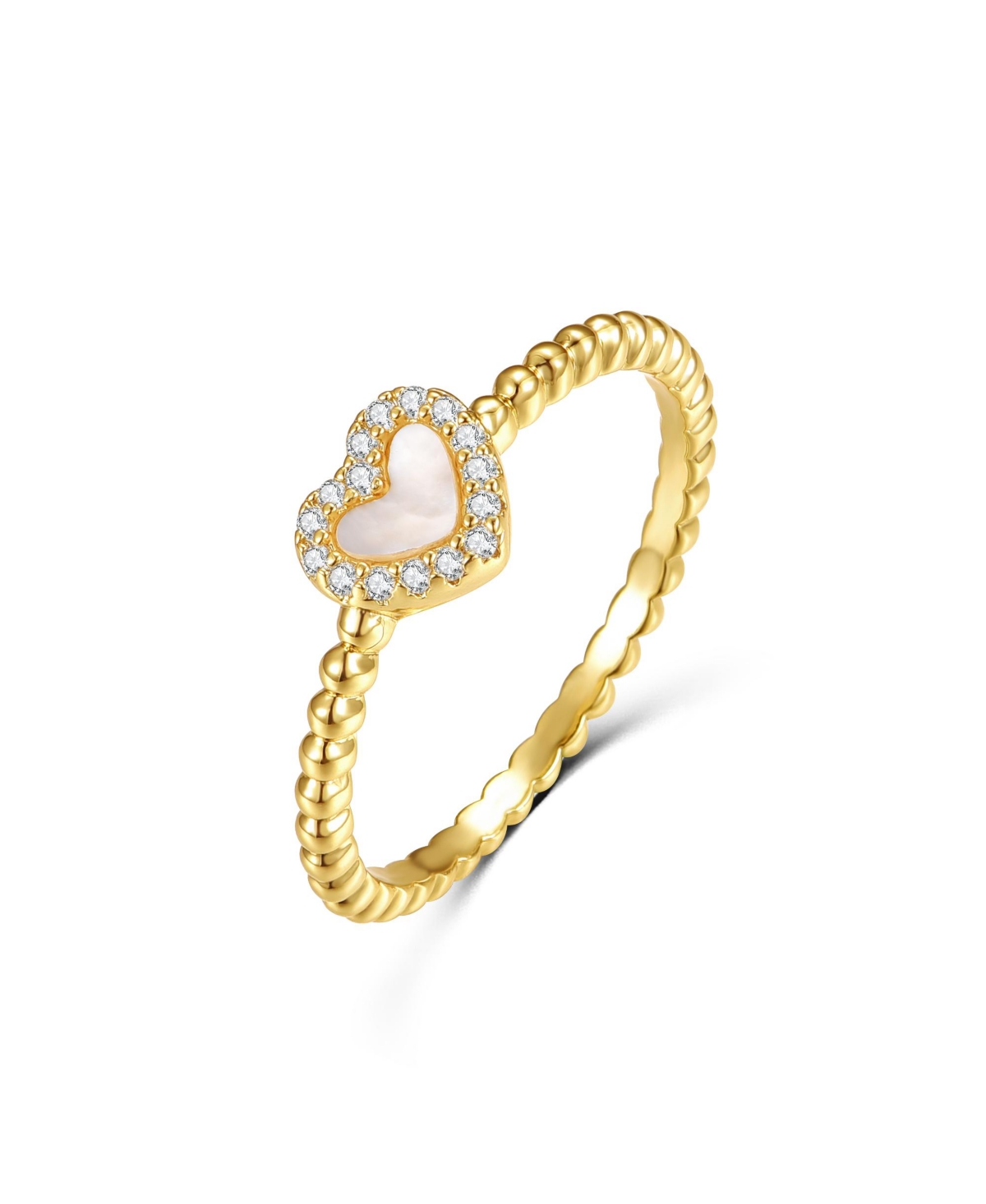14k Yellow Gold Plated with Mother of Pearl & Cubic Zirconia Beaded Band Promise Stacking Ring - Gold