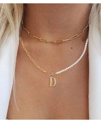 14K Gold Plated Toggle Clasp Initial Imitation Pearl Link Chain Necklace