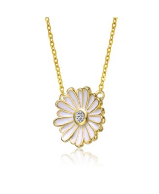 Young Adults/Teens 14k Yellow Gold Plated with Cluster Cubic Zirconia White Enamel Mini Daisy Pendant Layering Necklace
