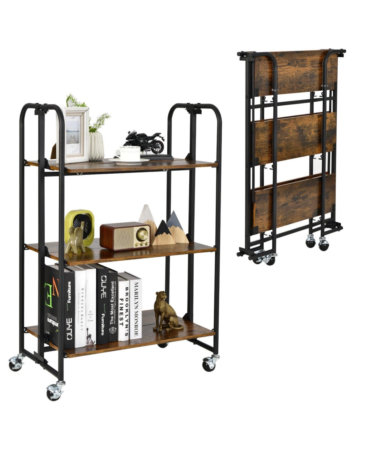 Foldable Rolling Cart with Storage Shelves for Kitchen - Brown