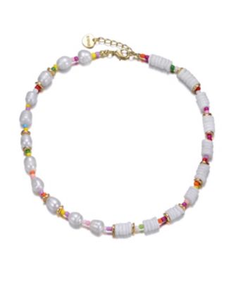 14k Yellow Gold Plated Multi Color Beads Necklace with Freshwater Pearls for Kids
