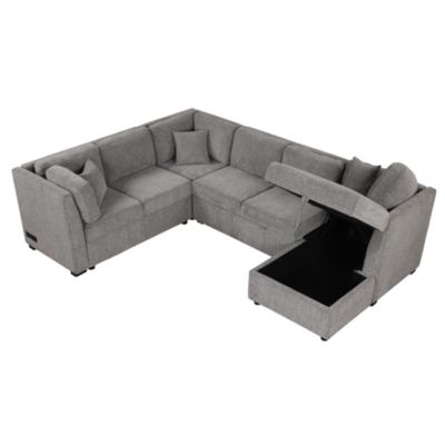 Modern U-Shape Sofa Bed with Power & USB, Storage