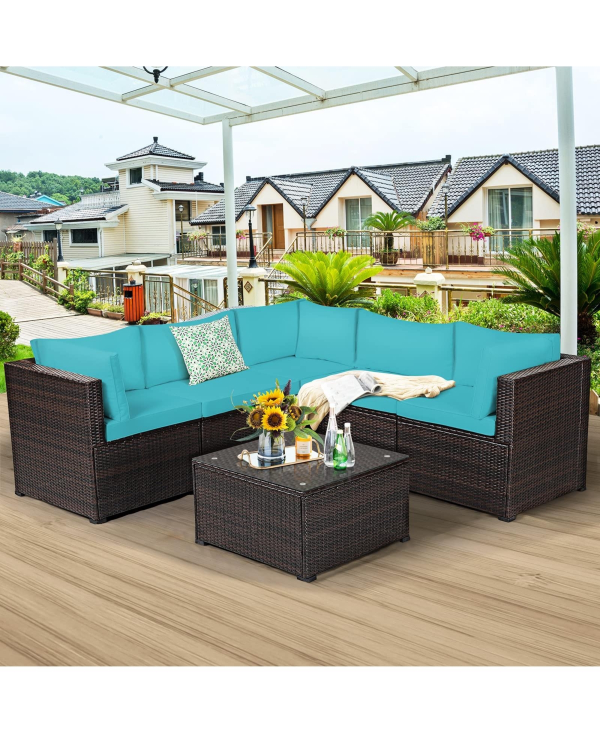 Sugift 6 Pieces Rattan Patio Sectional Sofa Set with Cushions for 4-5 Person