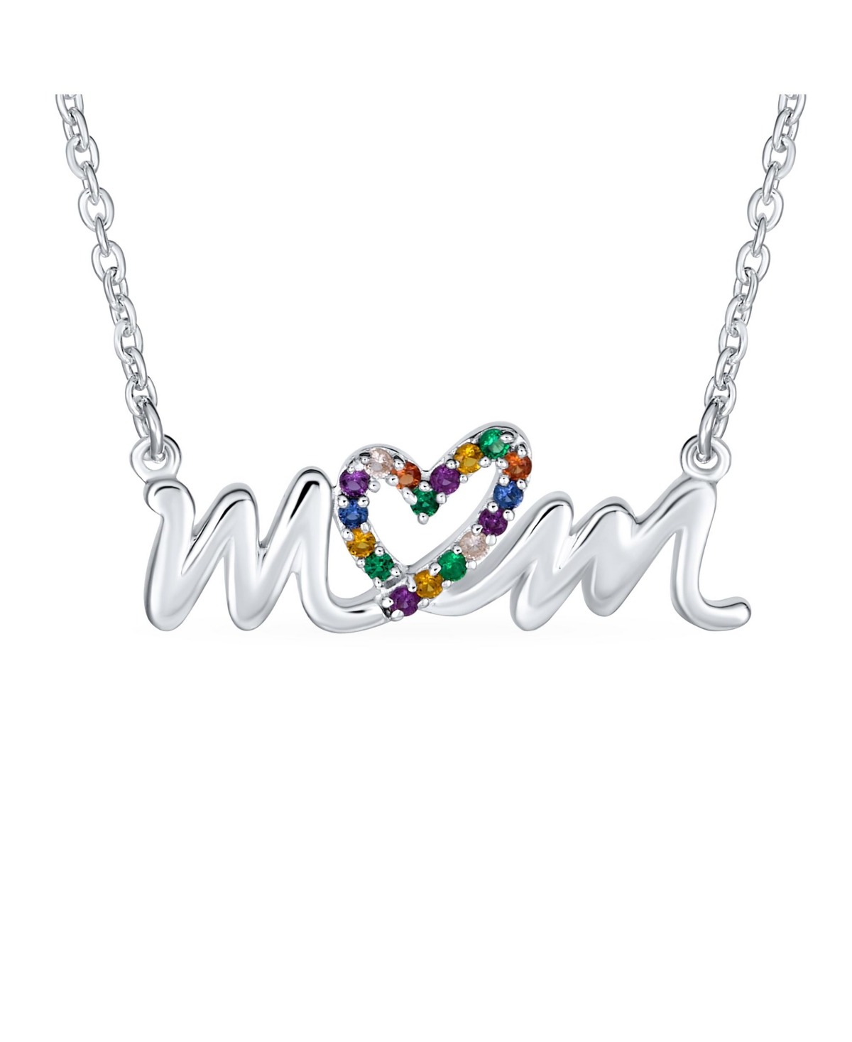 Name Style Station Pendant Crystal Heart Rainbow Mom Word Necklace For Mother For Women .925 Sterling Silver - Silver