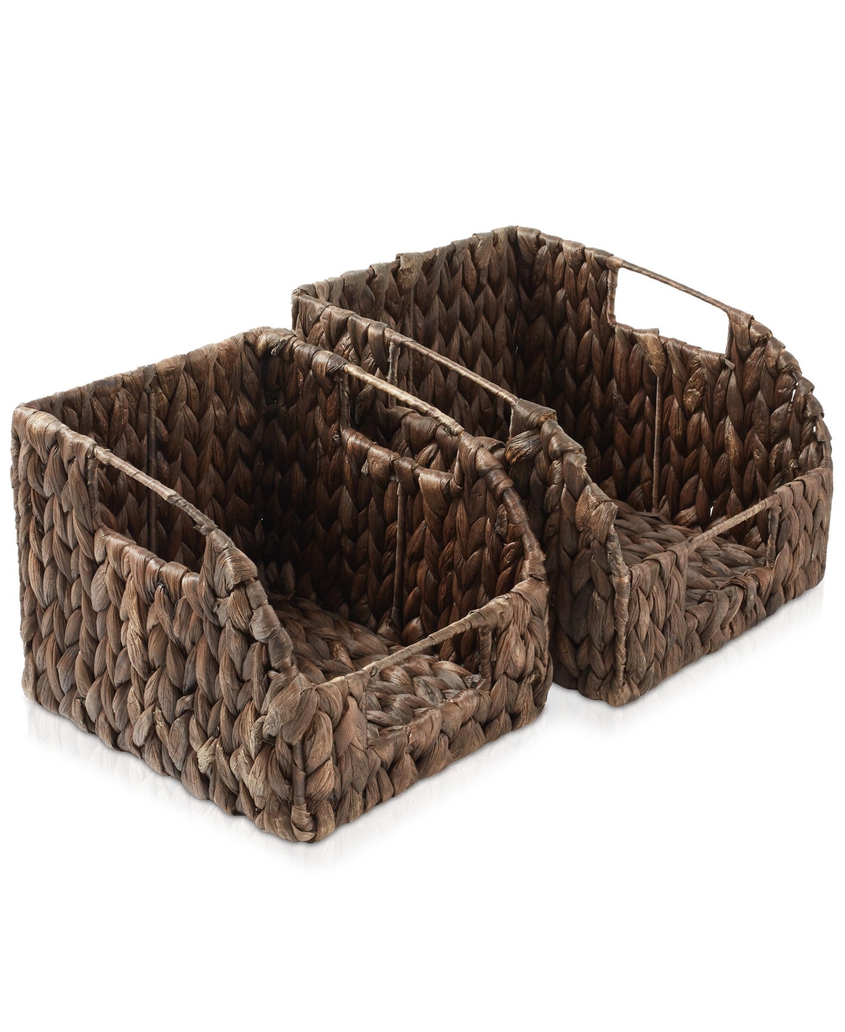 (Set of 2) Water Hyacinth Pantry Baskets with Handles - Natural, Medium and Large Size Woven Storage Baskets for Kitchen Shelves - Espresso
