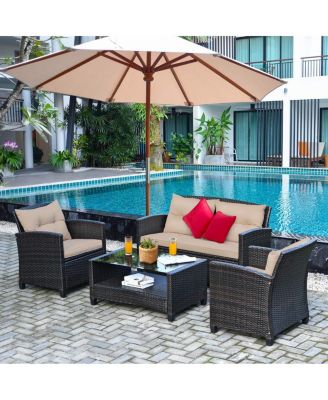 4 Pieces Patio Rattan Conversation Furniture Set with Glass Top Coffee Table