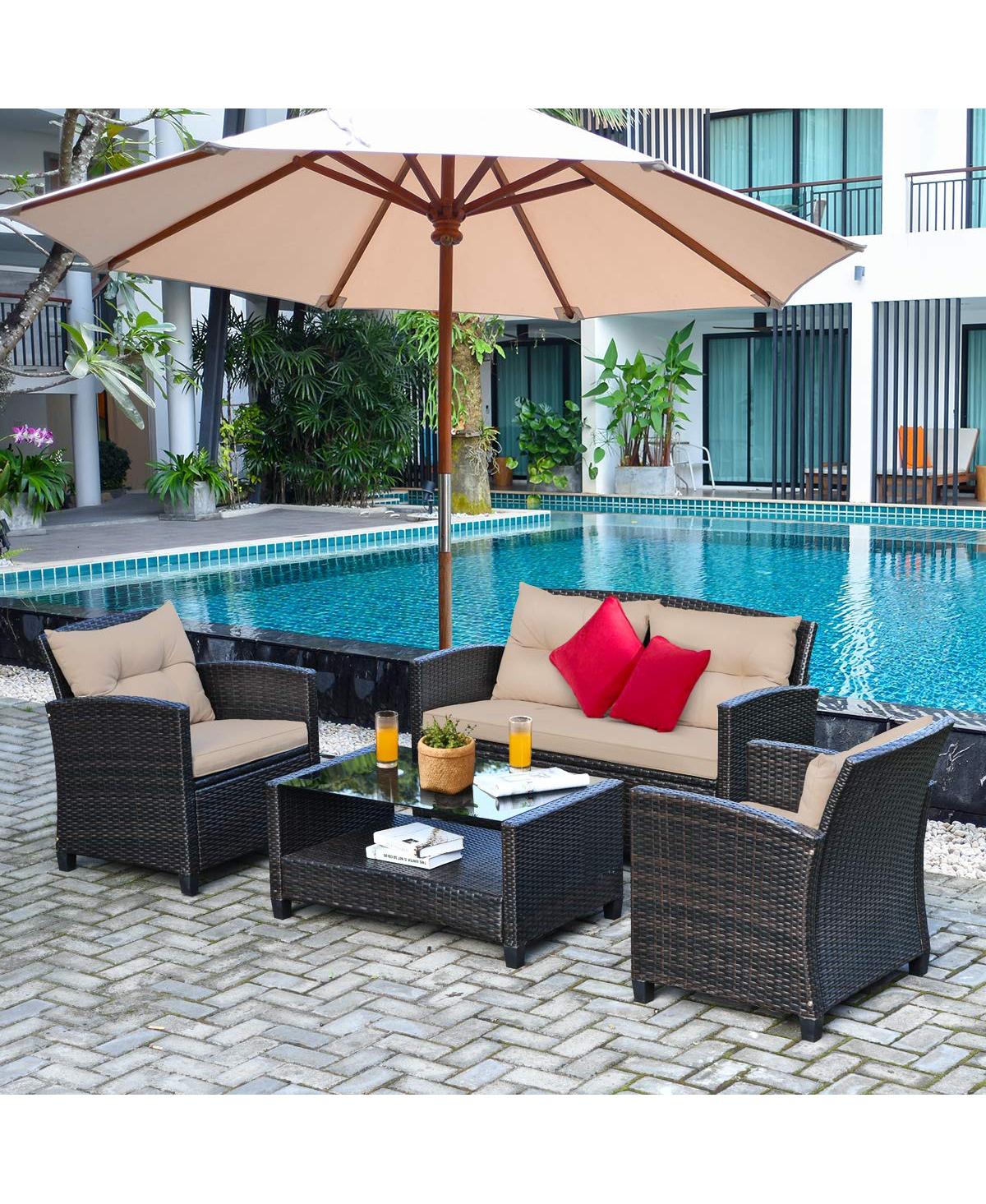 4 Pieces Patio Rattan Conversation Furniture Set with Glass Top Coffee Table