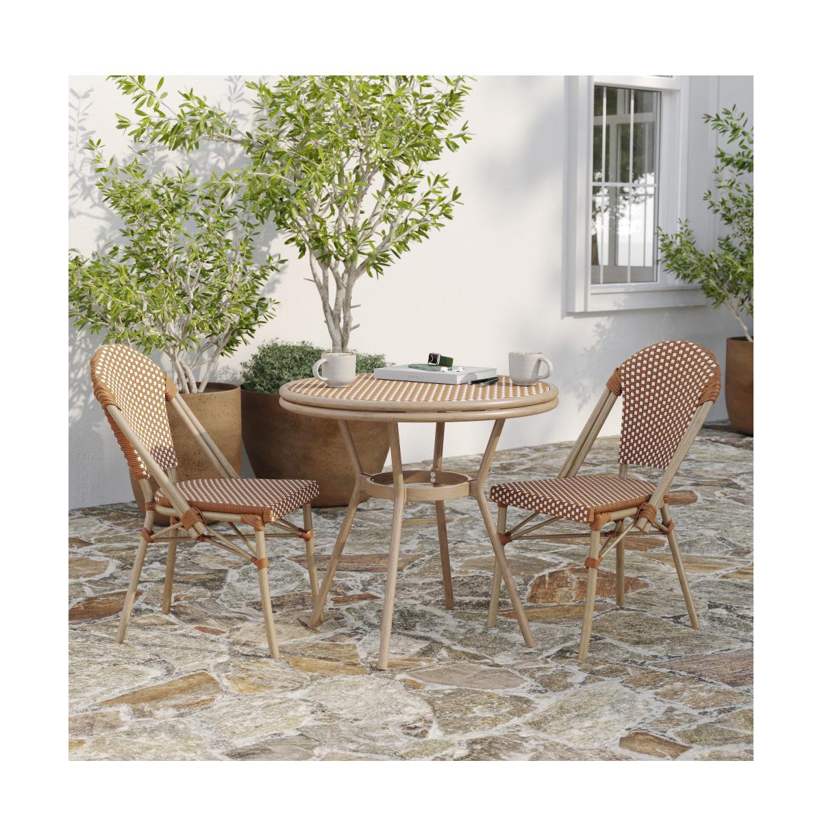 Merrick Lane Mael Bistro Style Table With Glass Top, Textilene, 2 Stack Chairs, And Bamboo Finished Metal Frame For Indoor/Outdoor Use