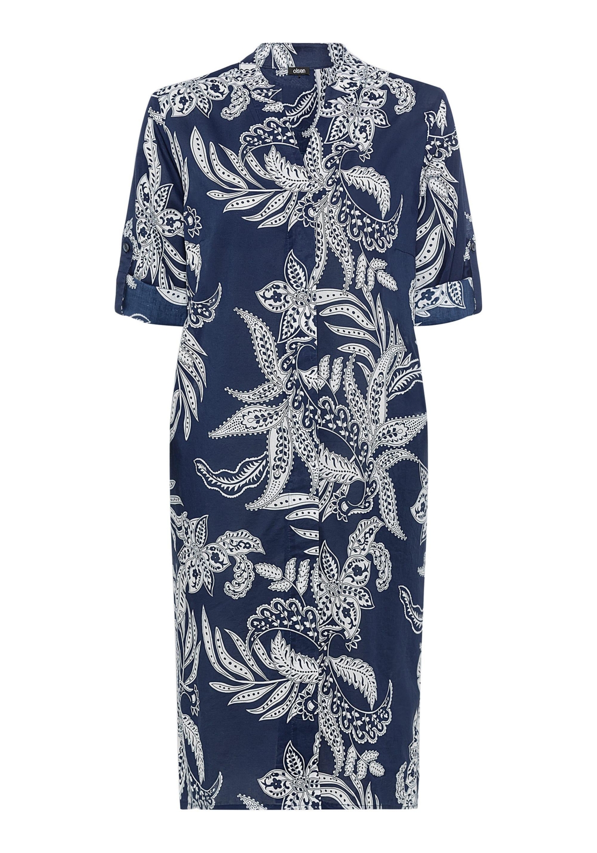 Olsen Women's 100% Cotton 3/4 Sleeve Collarless Paisley Floral Tunic Shirt Dress