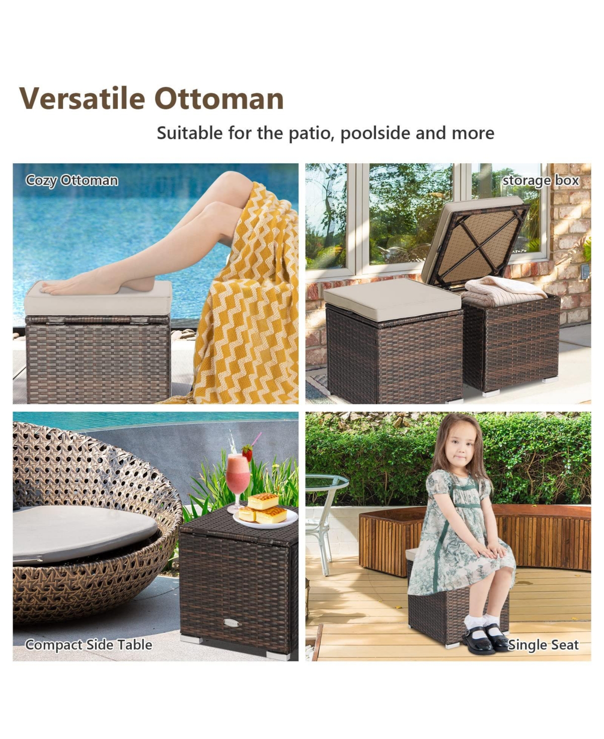2 Pieces Patio Ottoman with Hidden Storage Space