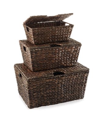 Set of 2 Water Hyacinth Storage Baskets (Medium/Large),  Multipurpose Organizer Totes with Tapered Bottoms and Removable Lids