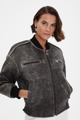 Women's Leather Bomber Jacket, Black
