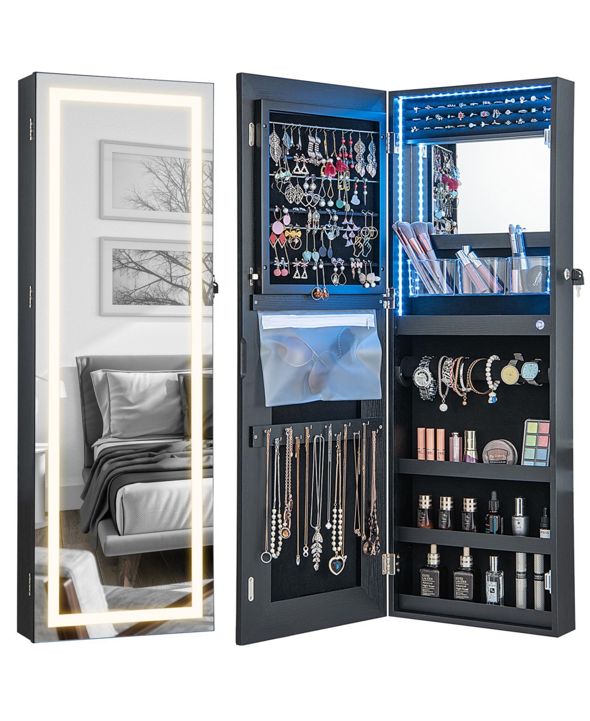 42.5 Inches Lockable Jewelry Mirror Wall Cabinet with 3-Color Led Lights - Black
